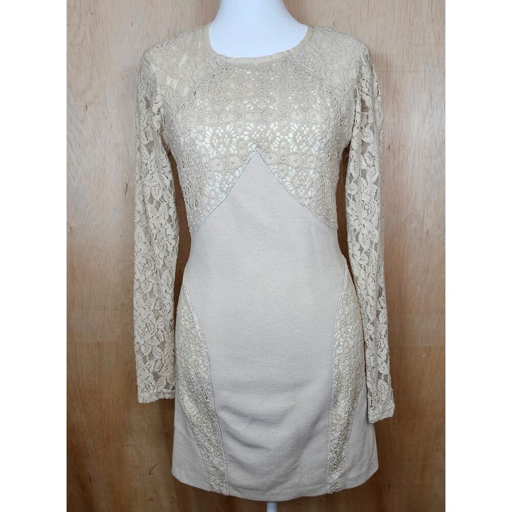 NWT Plenty By Tracy Reese Beige Knit Crochet Overlay Shift Dress Size XS